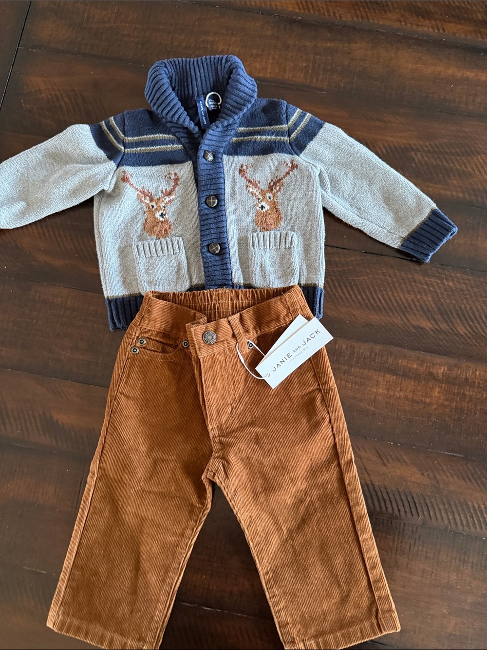Janie and Jack Navy, Gray & Brown Deer Knit Cardigan and Corduroy Pants Set